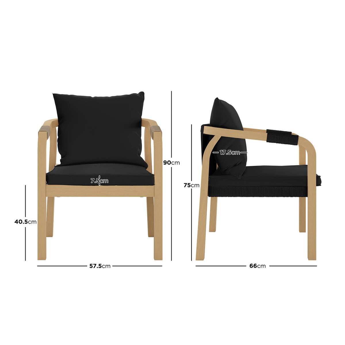 Pangee 6-Seater Timber Outdoor Dining Set Black features a sleek chair with a soft black pillow, showcasing modern Mediterranean style with elegant curves and durable acacia wood construction.