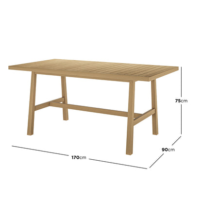 Pangee 6-Seater Timber Outdoor Dining Set features a sturdy wooden table with elegantly crafted legs, highlighting its Mediterranean style and durable Acacia wood construction, perfect for outdoor gatherings.