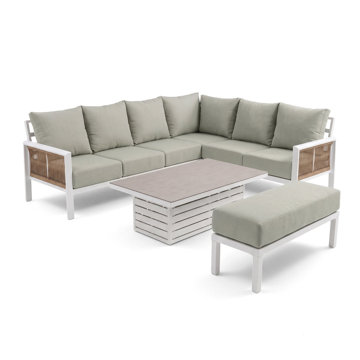 Outdoor sectional sofa set with coffee table and ottoman on a white background