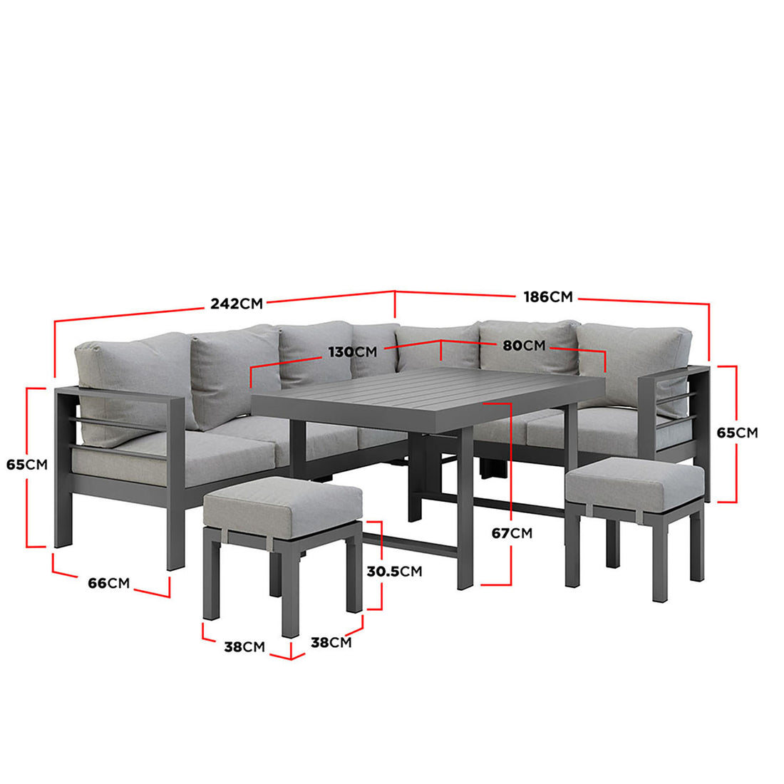 Portland Outdoor Corner Sofa Lounge with Footstools, showcasing plush 10cm seat cushions on a sturdy, rust-resistant powder-coated aluminium frame, ideal for stylish outdoor relaxation and entertaining.