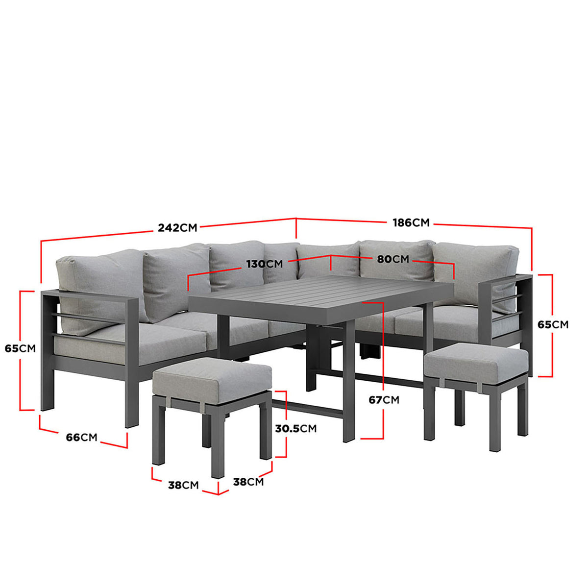 Portland Outdoor Corner Sofa Lounge with Footstools, showcasing plush 10cm seat cushions on a sturdy, rust-resistant powder-coated aluminium frame, ideal for stylish outdoor relaxation and entertaining.