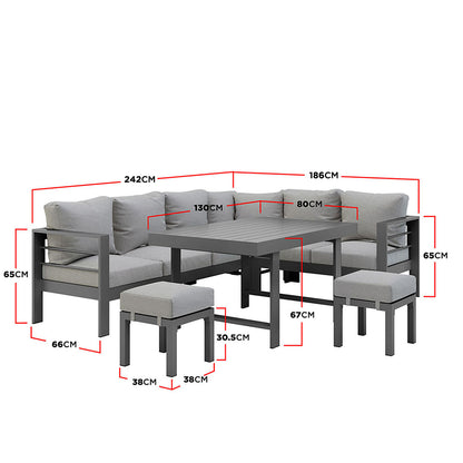 Portland Outdoor Corner Sofa Lounge with Footstools, showcasing plush 10cm seat cushions on a sturdy, rust-resistant powder-coated aluminium frame, ideal for stylish outdoor relaxation and entertaining.