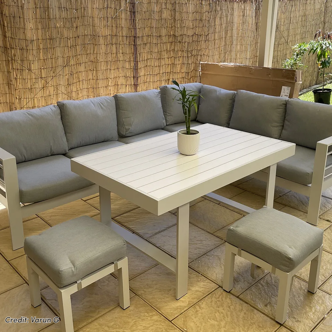 Portland Outdoor Corner Sofa Lounge with Footstools in White & Grey, featuring L-shaped seating, two ottomans, and a slatted