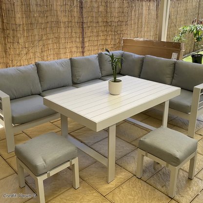 Portland Outdoor Corner Sofa Lounge with Footstools in White & Grey, featuring L-shaped seating, two ottomans, and a slatted