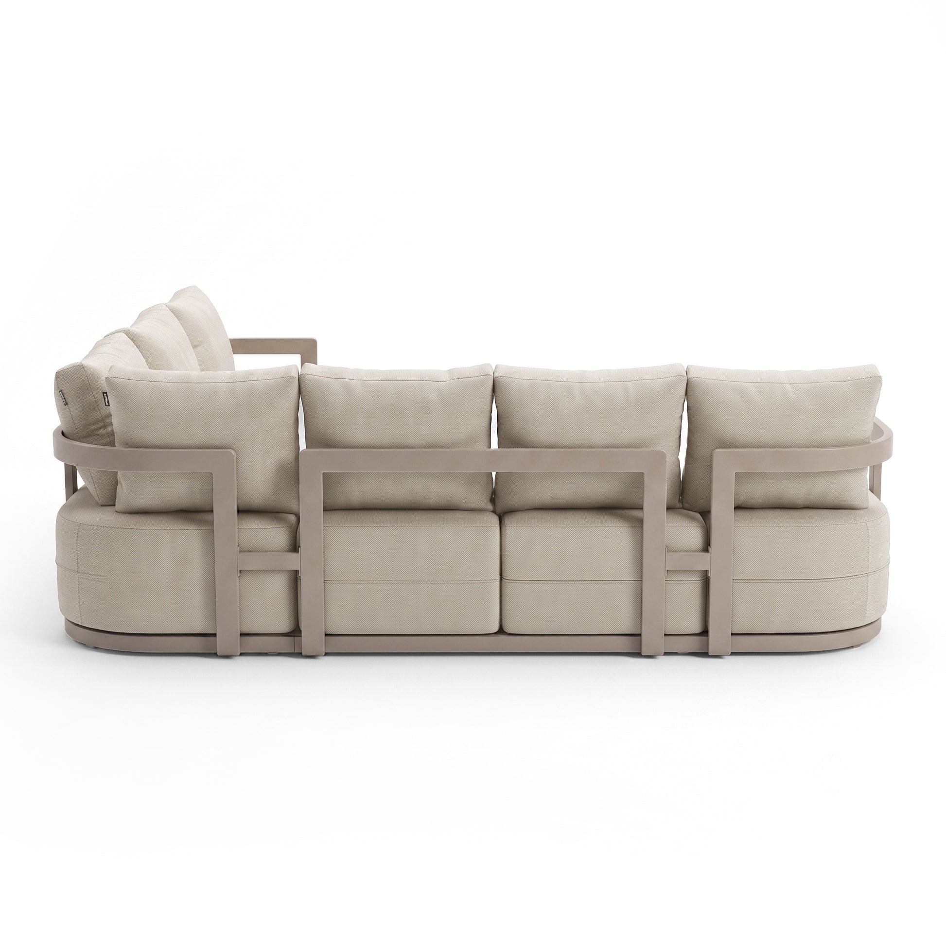 Back view of a beige sofa with wooden frame on a white background