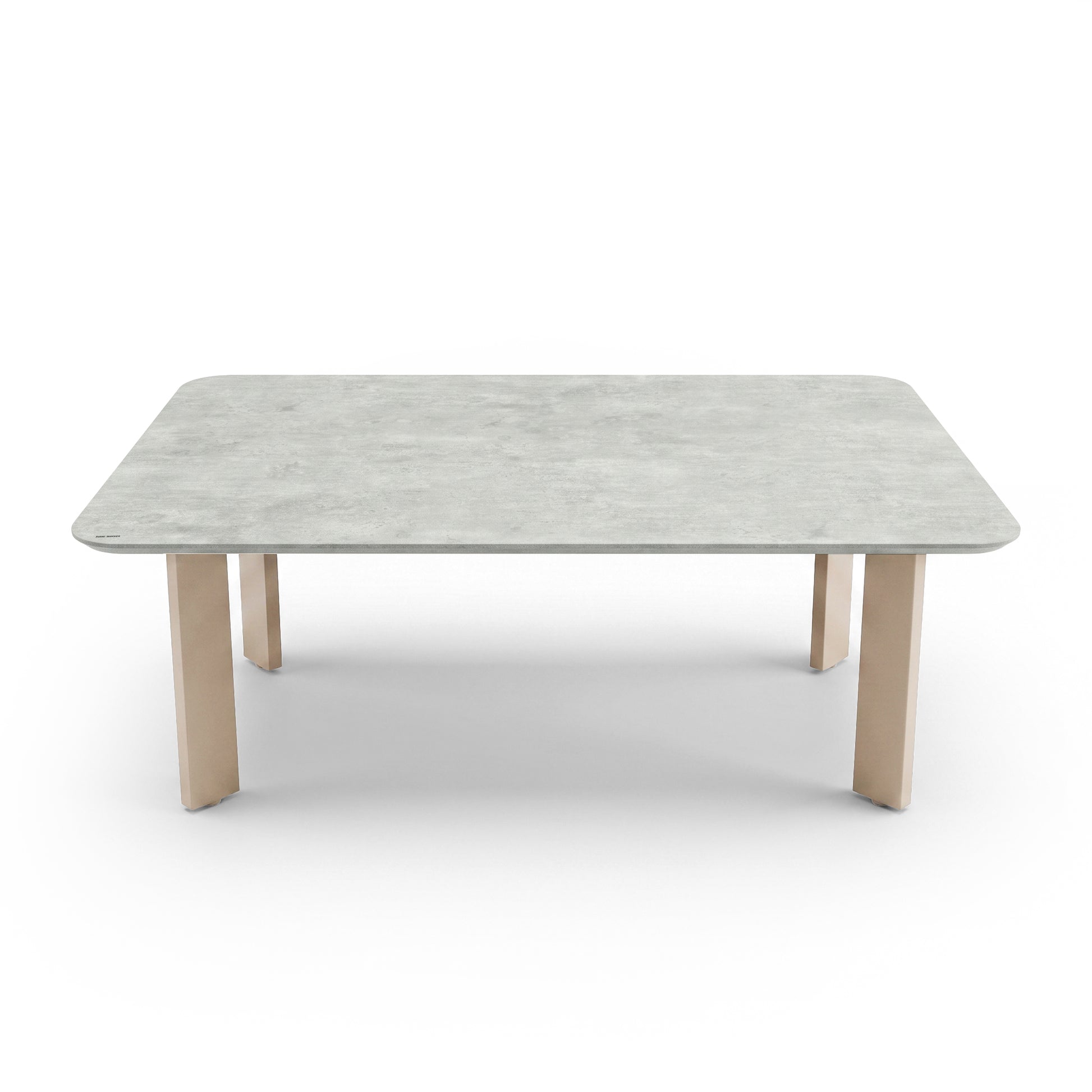 Rectangular table with light top and wood legs on a white background