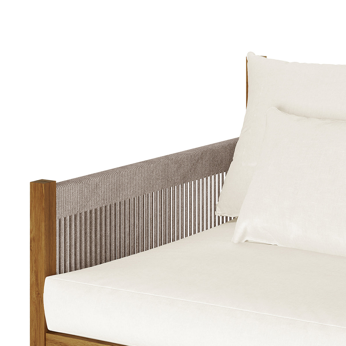 Savin 4-Seater Hardwood Outdoor Sofa Set in Beige showcasing a close-up of the wood frame with woven rope detail, white cushions, and pillows, highlighting its minimalist, modern design.