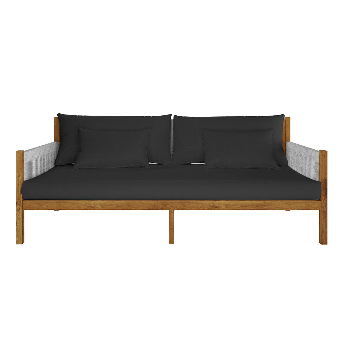 Savin 4-Seater Hardwood Outdoor Sofa Set in Light Grey features a medium-tone oak frame with charcoal-black cushions and light-gray woven side panels, offering a minimalist, contemporary look for outdoor spaces.
