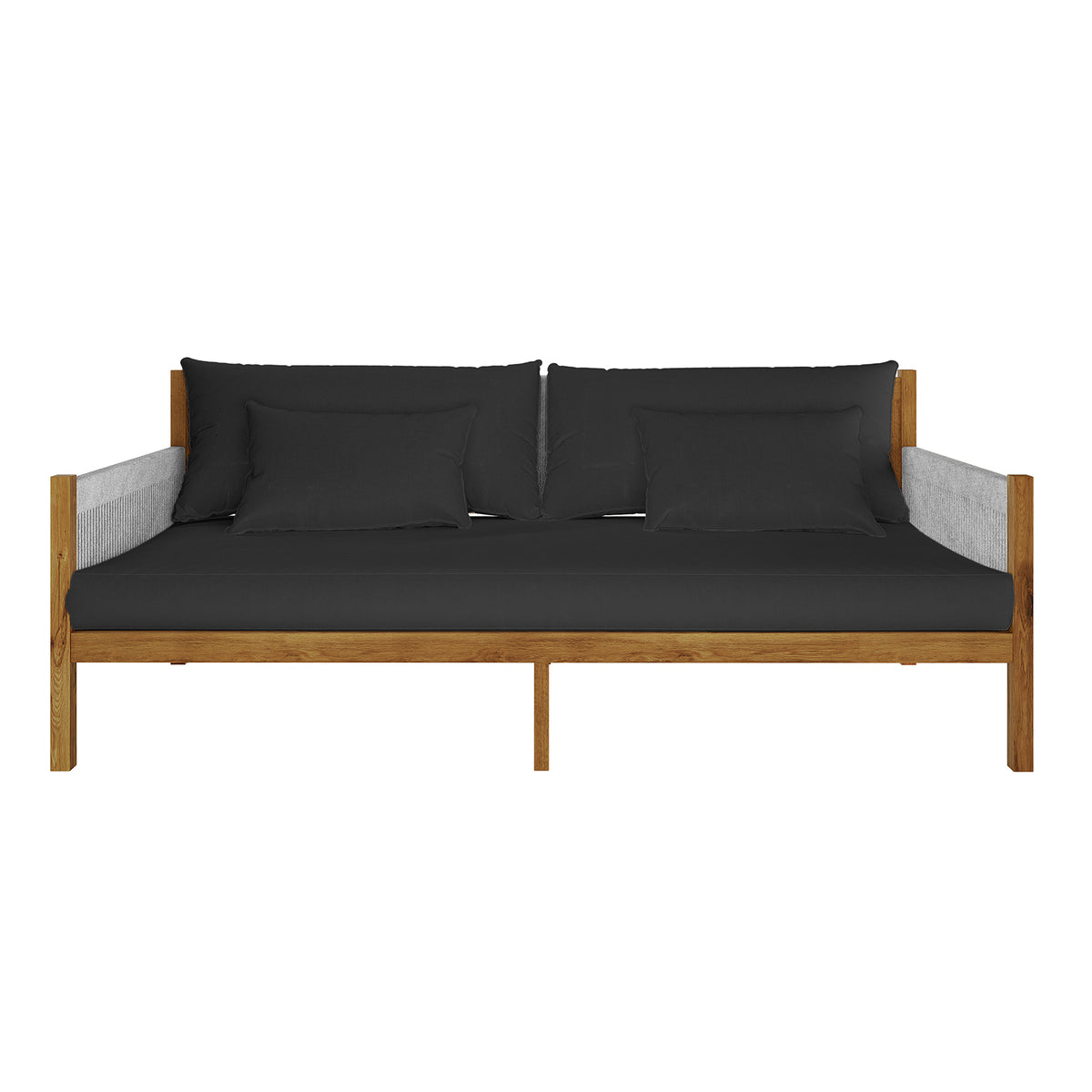 Savin 4-Seater Hardwood Outdoor Sofa Set in Light Grey features a medium-tone oak frame with charcoal-black cushions and light-gray woven side panels, offering a minimalist, contemporary look for outdoor spaces.