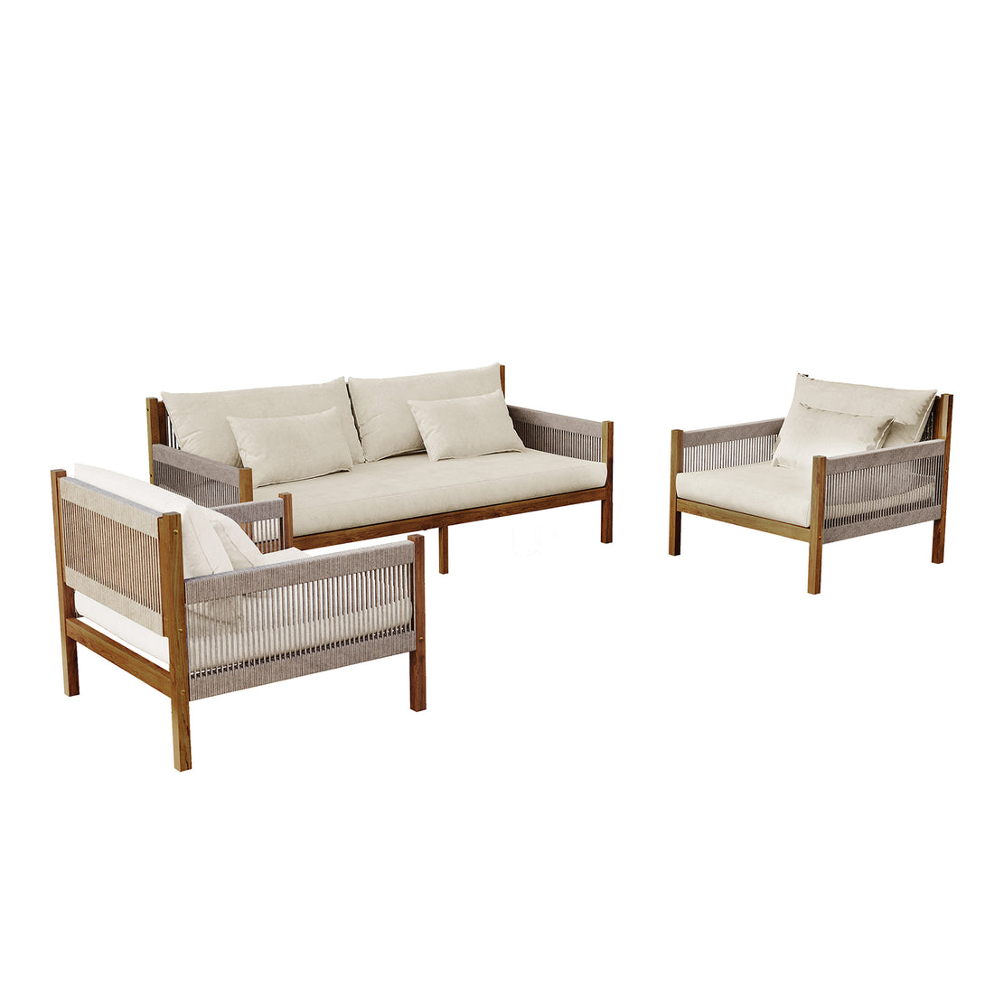Savin & Myrtle Outdoor Sofa Set with Coffee Table in Beige features a three-seater sofa, two armchairs with woven rope sides, and a round stone-finish coffee table, perfect for outdoor relaxation.