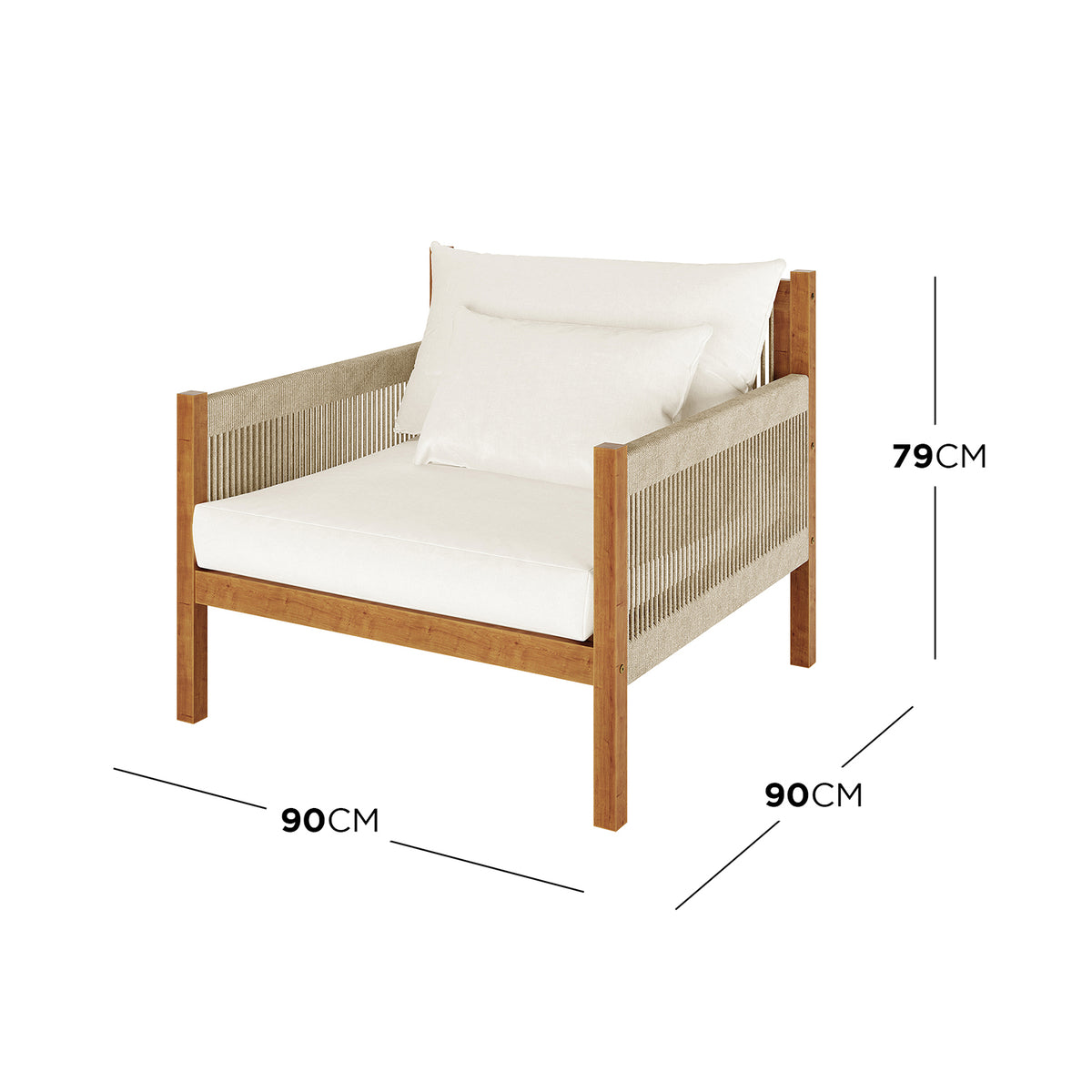 Savin & Myrtle Outdoor Sofa Set with Coffee Table in Beige featuring a modern lounge chair with wooden frame, rope panels, and plush cushions, paired with a sleek concrete coffee table.