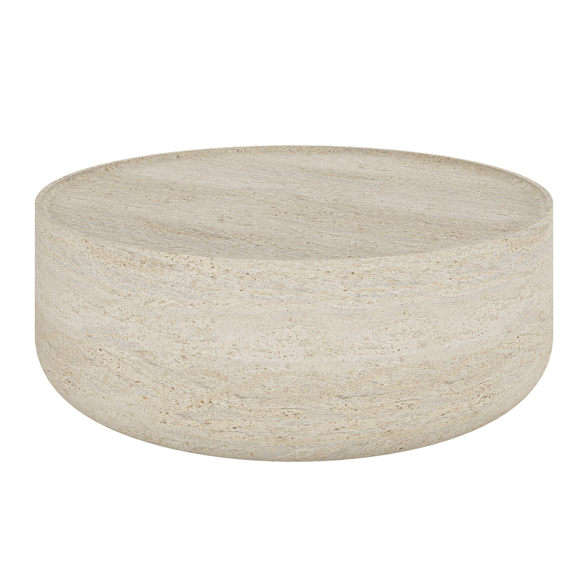 Savin & Myrtle Outdoor Sofa Set with Coffee Table features a round, light-beige stone coffee table with a flat top and rounded sides, complementing the elegant and durable outdoor furniture ensemble.