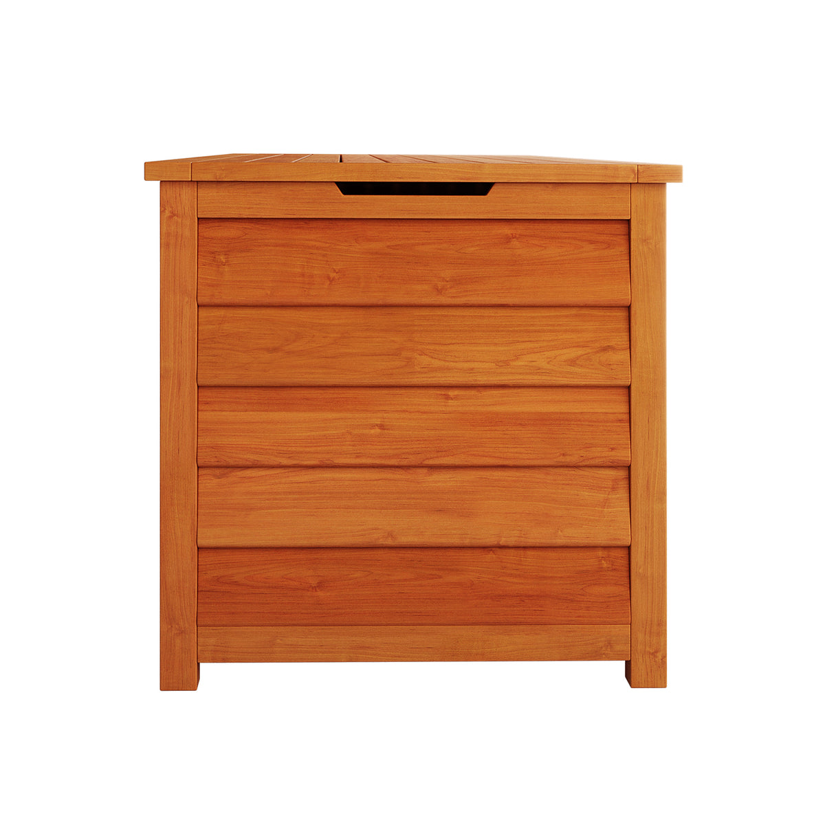 Close-up of the Luxo Eucalyptus Timber Outdoor Storage Box, highlighting the fine wood craftsmanship and air vents that enhance functionality and style, suitable for outdoor storage.