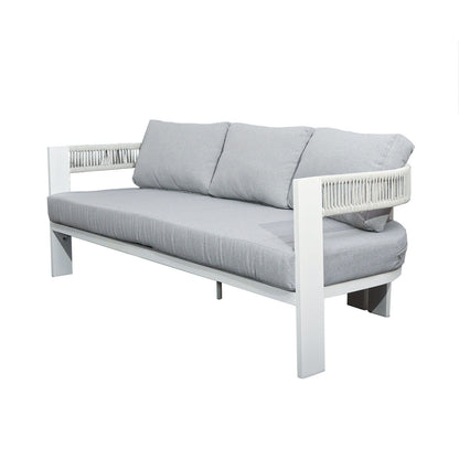 Sorrelle 5 Seater Wicker Outdoor Sofa Set in Light Grey, featuring a modern three-seat sofa with a white frame, light grey cushions, and woven-rope armrest details, exuding a clean, contemporary look.