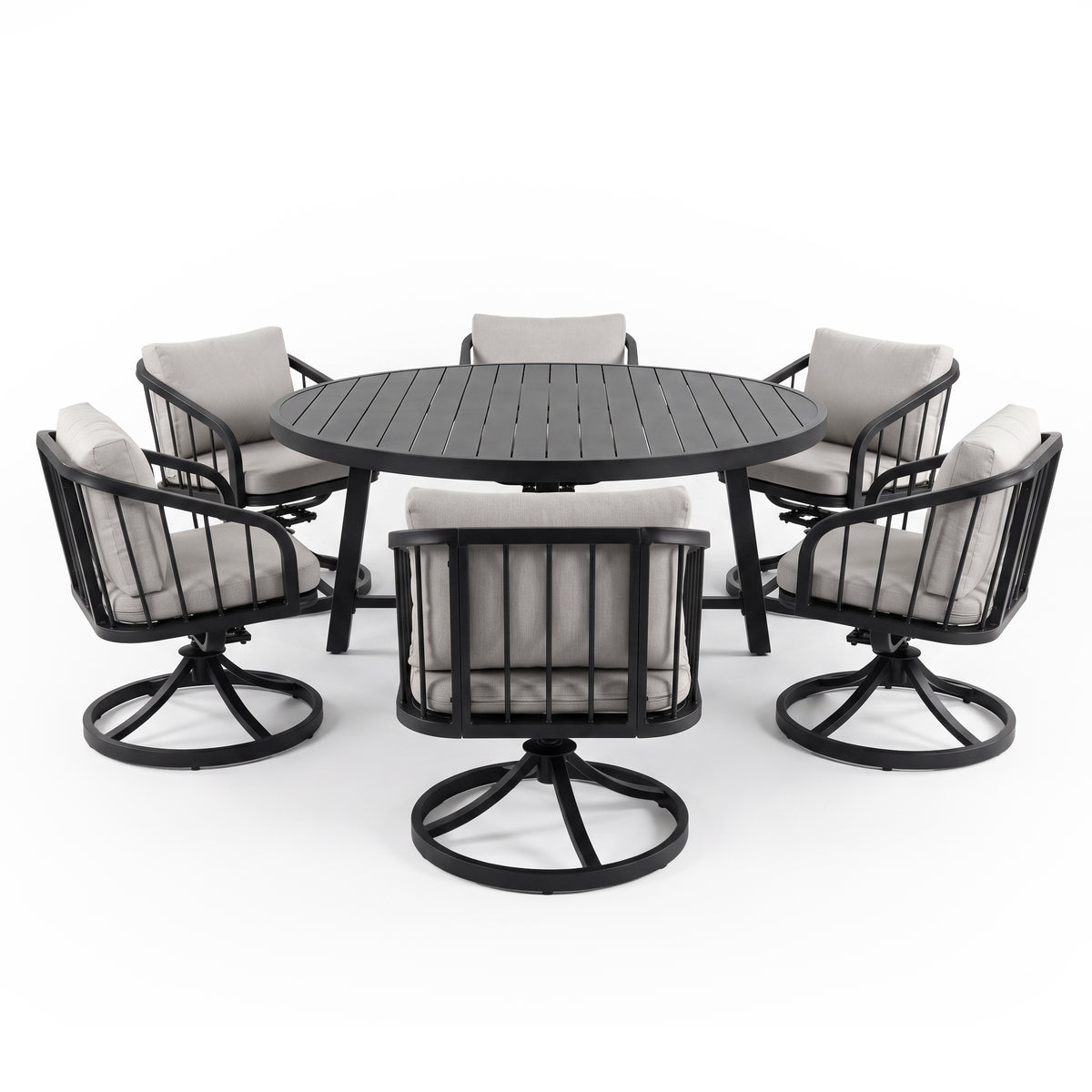 Outdoor dining set with round table and six chairs on white background