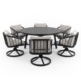 Outdoor dining set with round table and six chairs on white background