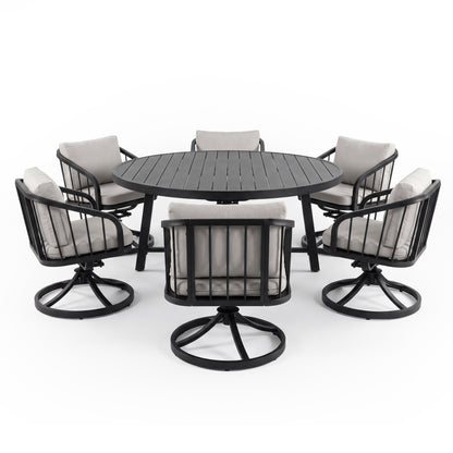 Outdoor dining set with round table and six chairs on white background