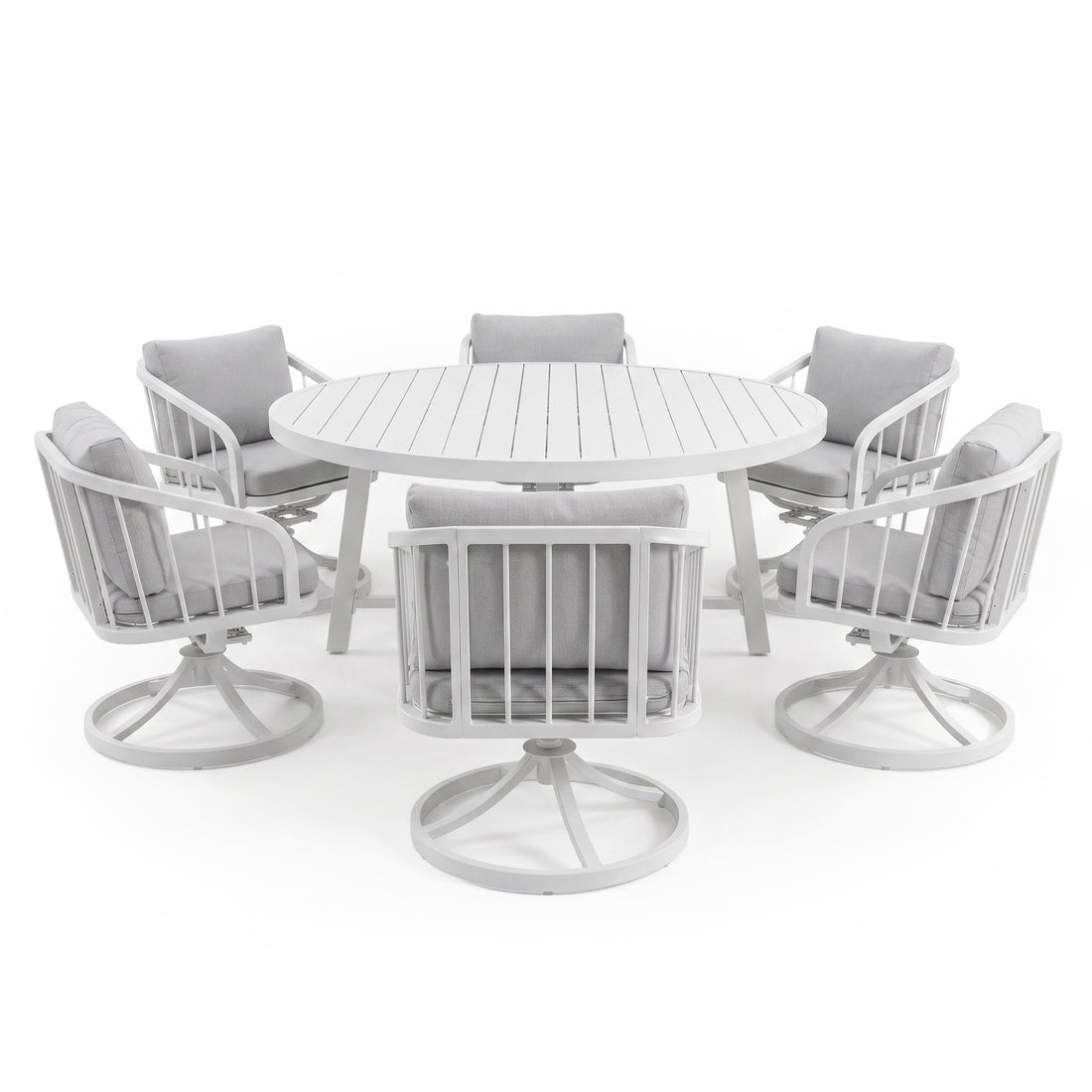Outdoor dining set with round table and six cushioned chairs on a white background