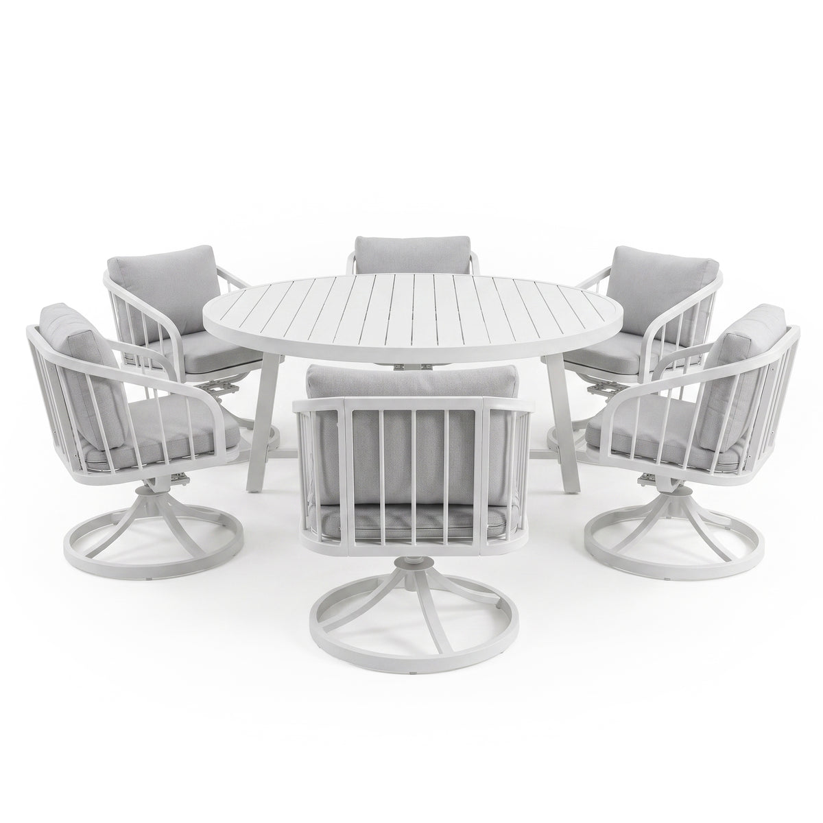 Outdoor dining set with round table and six cushioned chairs on a white background