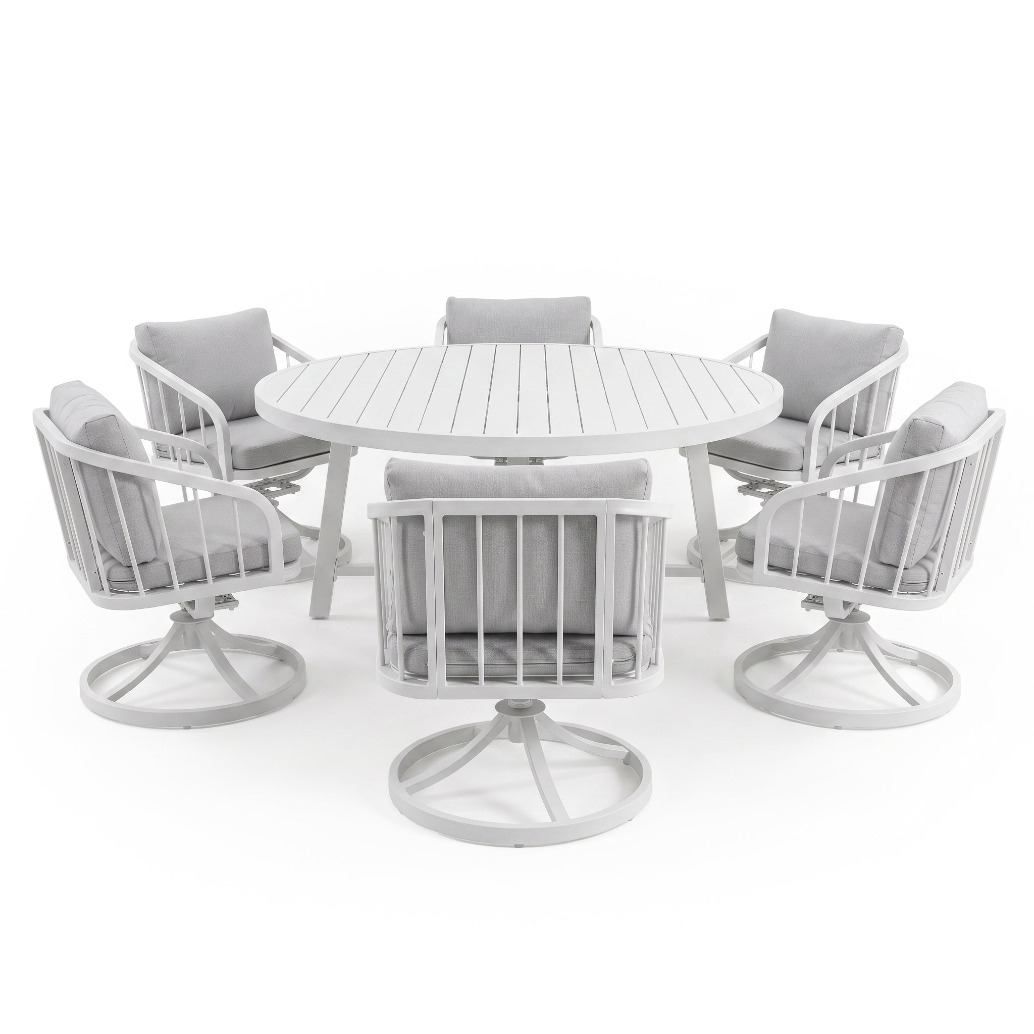 Outdoor dining set with round table and six cushioned chairs on a white background