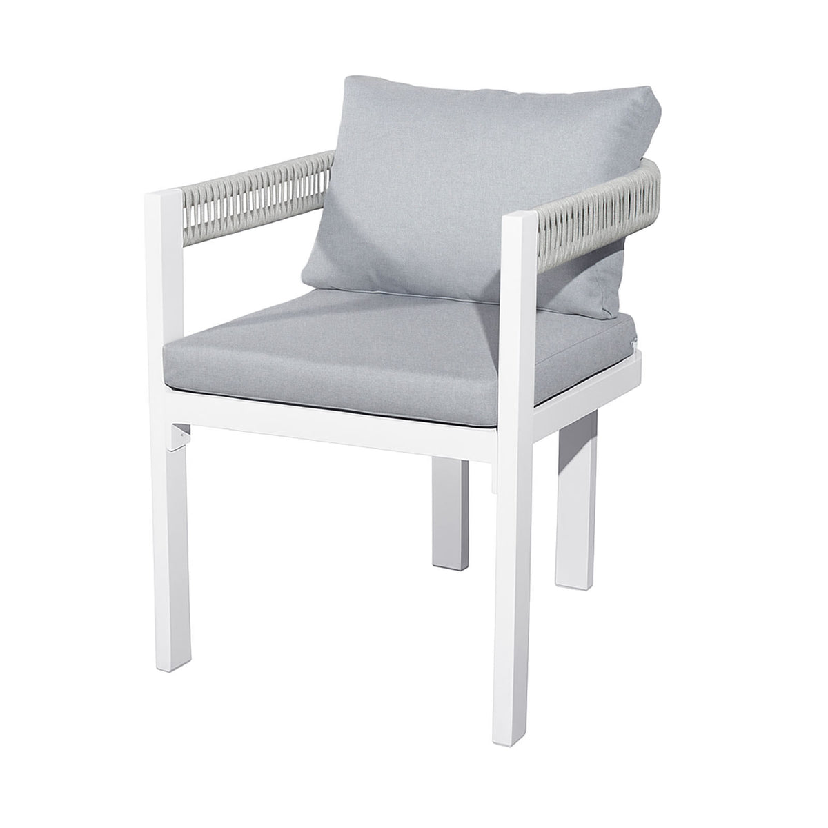 Tavari 6-Seater Aluminium Outdoor Dining Set in Light Grey features a modern armchair with a slim white metal frame and light rope-wrapped armrests, complemented by thick light-gray seat and back cushions.