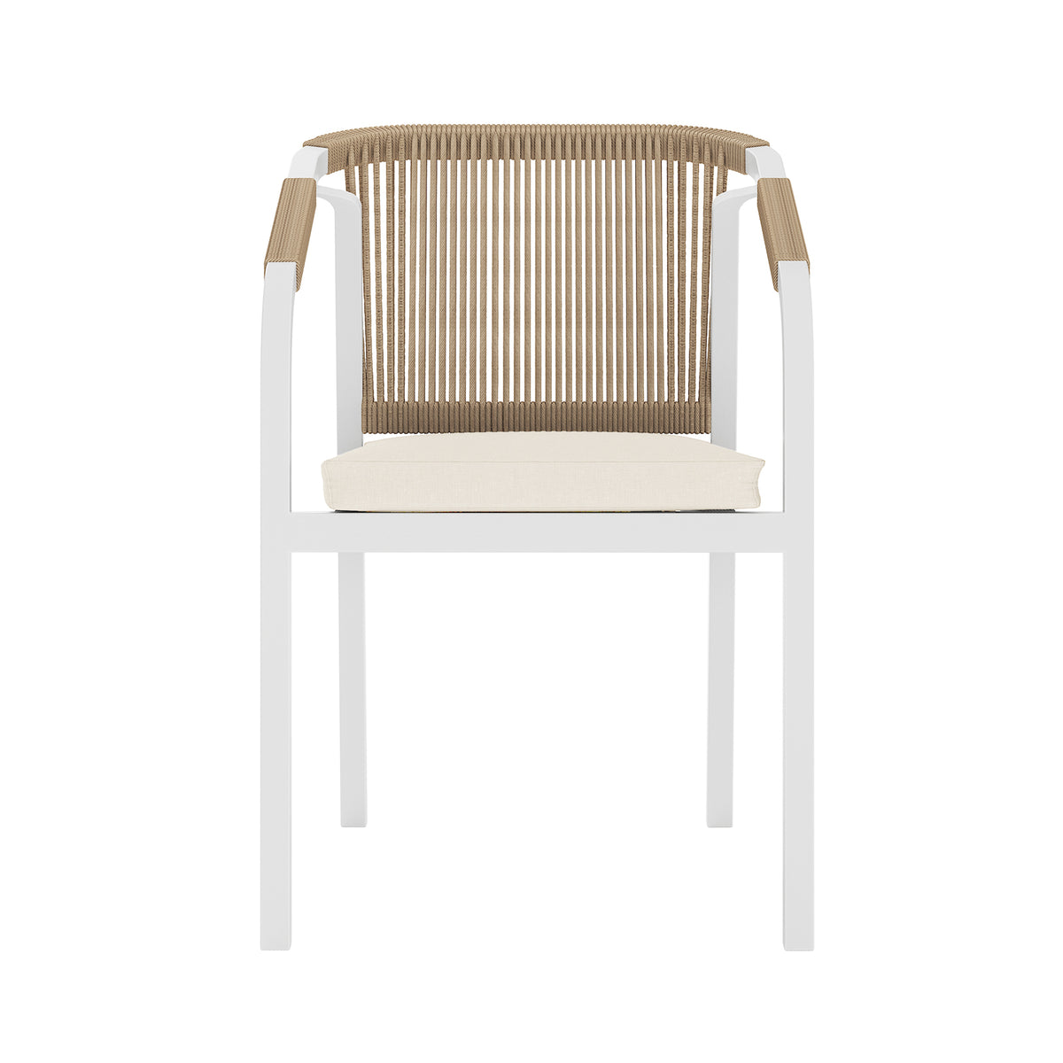 Vernon 6 Seater Aluminium Wicker Outdoor Dining Set, highlighting a chair with a cushion and a wooden slat, showcasing its design and craftsmanship in an outdoor setting.