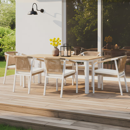 7-piece outdoor dining set with a timber-top table and six white aluminum chairs featuring grey rope-woven backs and charcoal cushions.