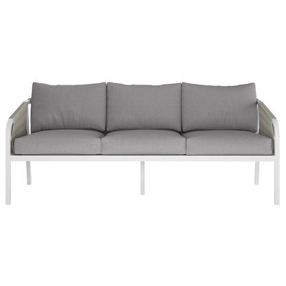 Vernon 5 Seater Aluminium Outdoor Sofa Set in Grey featuring a three-seat sofa with light gray cushions on a sleek white metal frame, exemplifying minimalist, modern design for versatile indoor or outdoor use.