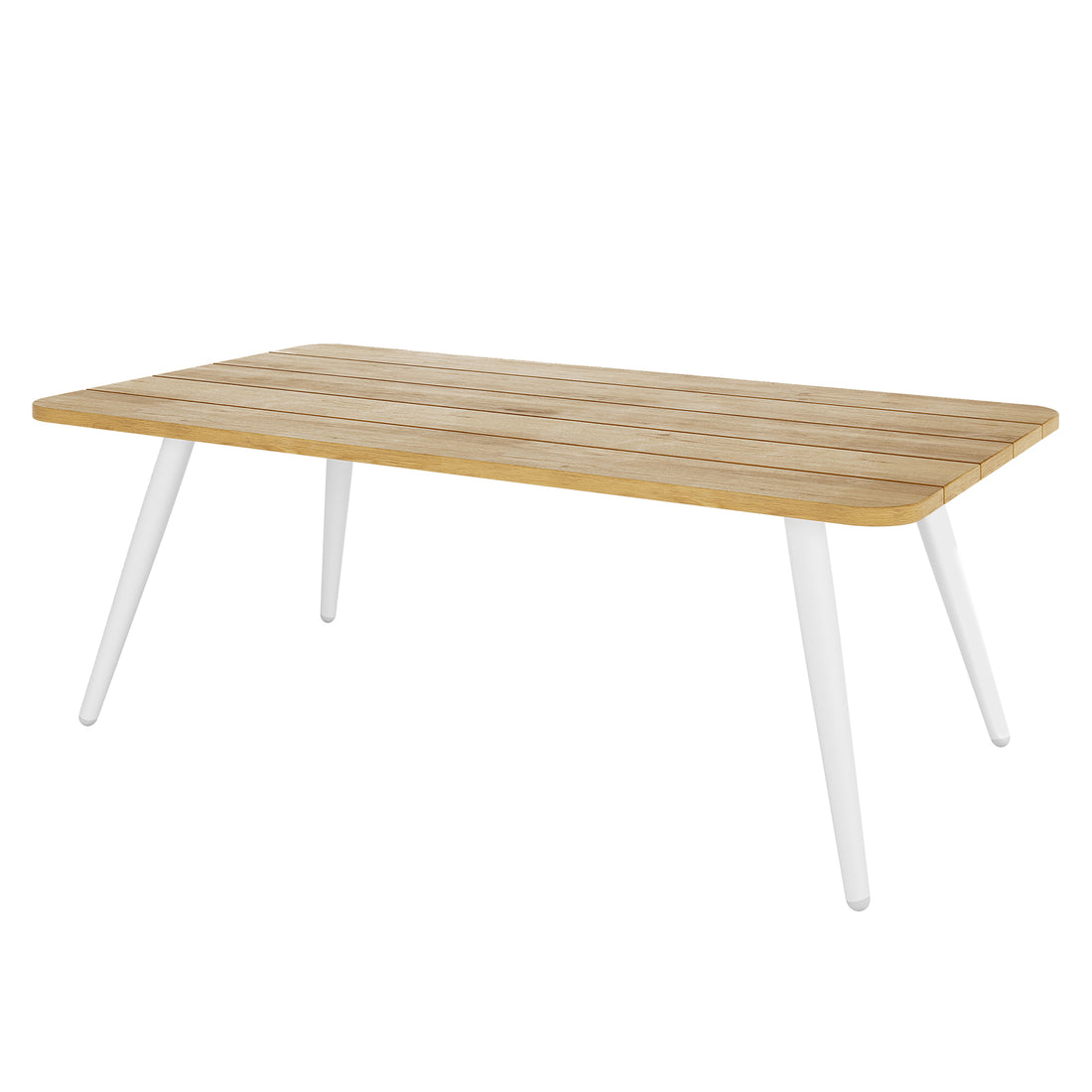 Vernon 5 Seater Aluminium Outdoor Sofa Set in Grey features a low, rectangular slatted wood coffee table with parallel planks and white cylindrical legs, complementing the modern minimalist design.