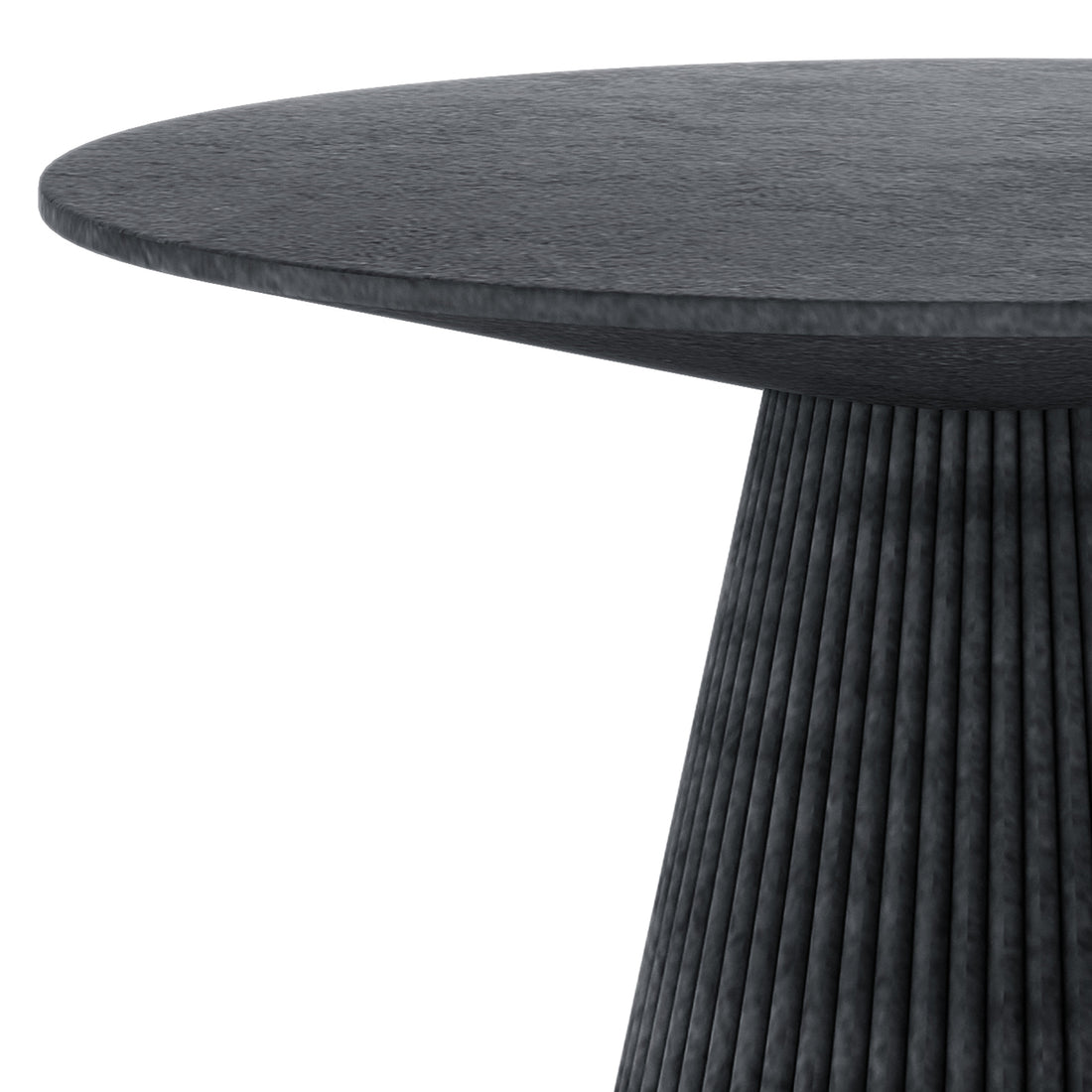 Close-up of Xander fluted outdoor concrete dining table in grey marble finish, showing rounded tabletop edge and ribbed