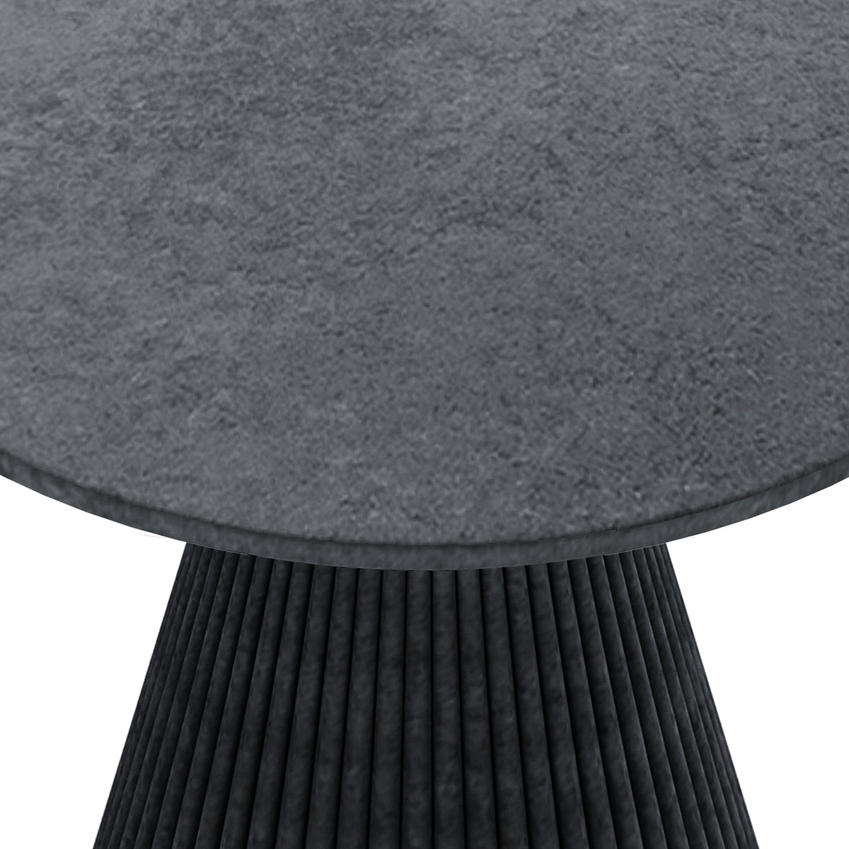 Close-up of Xander 120cm fluted outdoor concrete dining table in grey marble, showing textured tabletop and ribbed pedestal