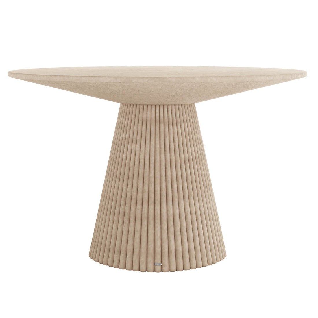 Round beige dining table with fluted pedestal base