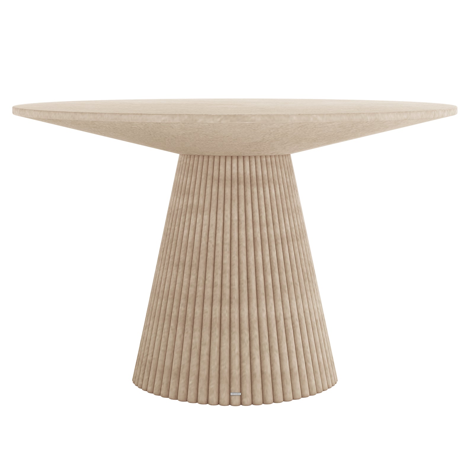 Round beige dining table with fluted pedestal base