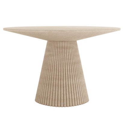 Round beige dining table with fluted pedestal base