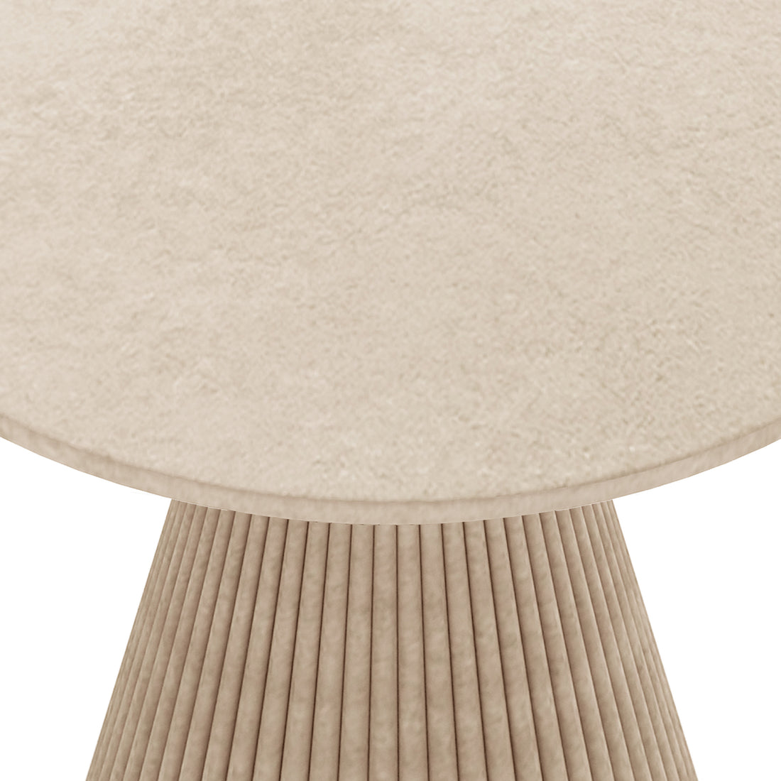 Close-up of the round ivory concrete tabletop and fluted pedestal base of the Xander 120cm outdoor dining table