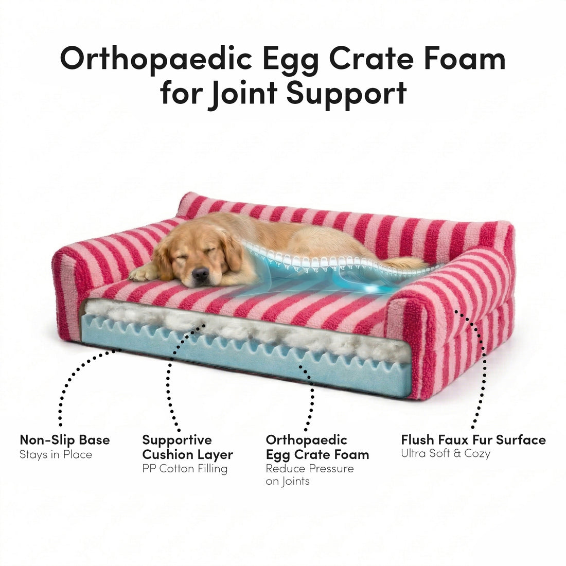 Golden retriever resting on pink striped orthopaedic dog bed with egg crate foam layers visible, showing non-slip base, PP