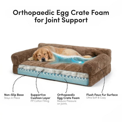 Orthopaedic egg crate foam dog bed with faux fur surface and non-slip base, cutaway view showing internal layers