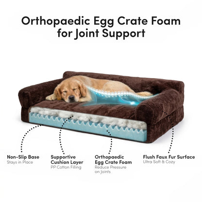 Dark brown orthopaedic dog bed with egg crate foam layer, bolstered sides, and golden retriever lying on top
