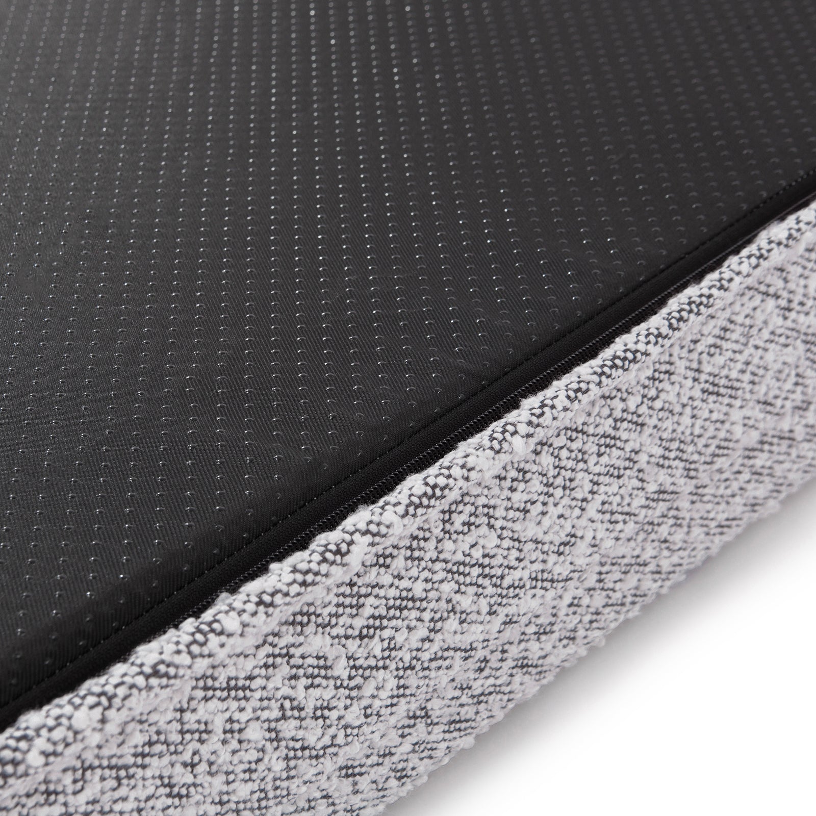 Tyro Luxe Medium Orthopedic Pet Bed – Black & White, featuring a close-up of the textured black and white boucle fabric, highlighting its modern design and cozy finish.