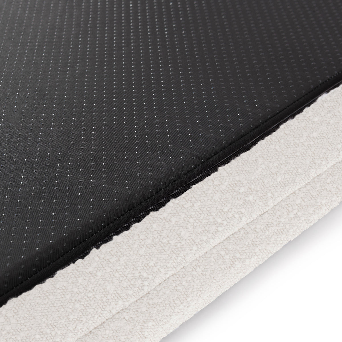 Tyro Luxe Small Orthopedic Pet Bed – Light Beige, showcasing a close-up of the durable boucle fabric, smooth hidden zipper, and plush memory foam, designed for comfort and joint support.