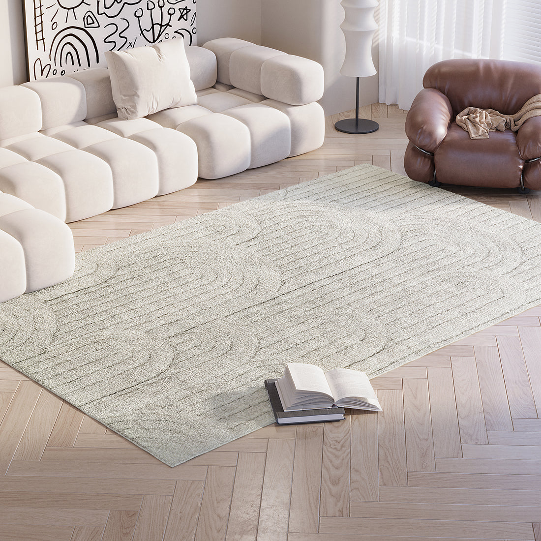 Aetherine Soft Contemporary Rug 200x300cm on a floor, showcasing its plush 12mm pile and modern design. The rug's soft texture and elegant pattern enhance the room's warmth and style.