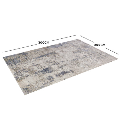 Ari Abstract Tufted Polyester Rug 200x300cm displayed on a white background, featuring a mottled abstract pattern with muted tones. Dimension lines highlight its size, showcasing a modern, textured design.