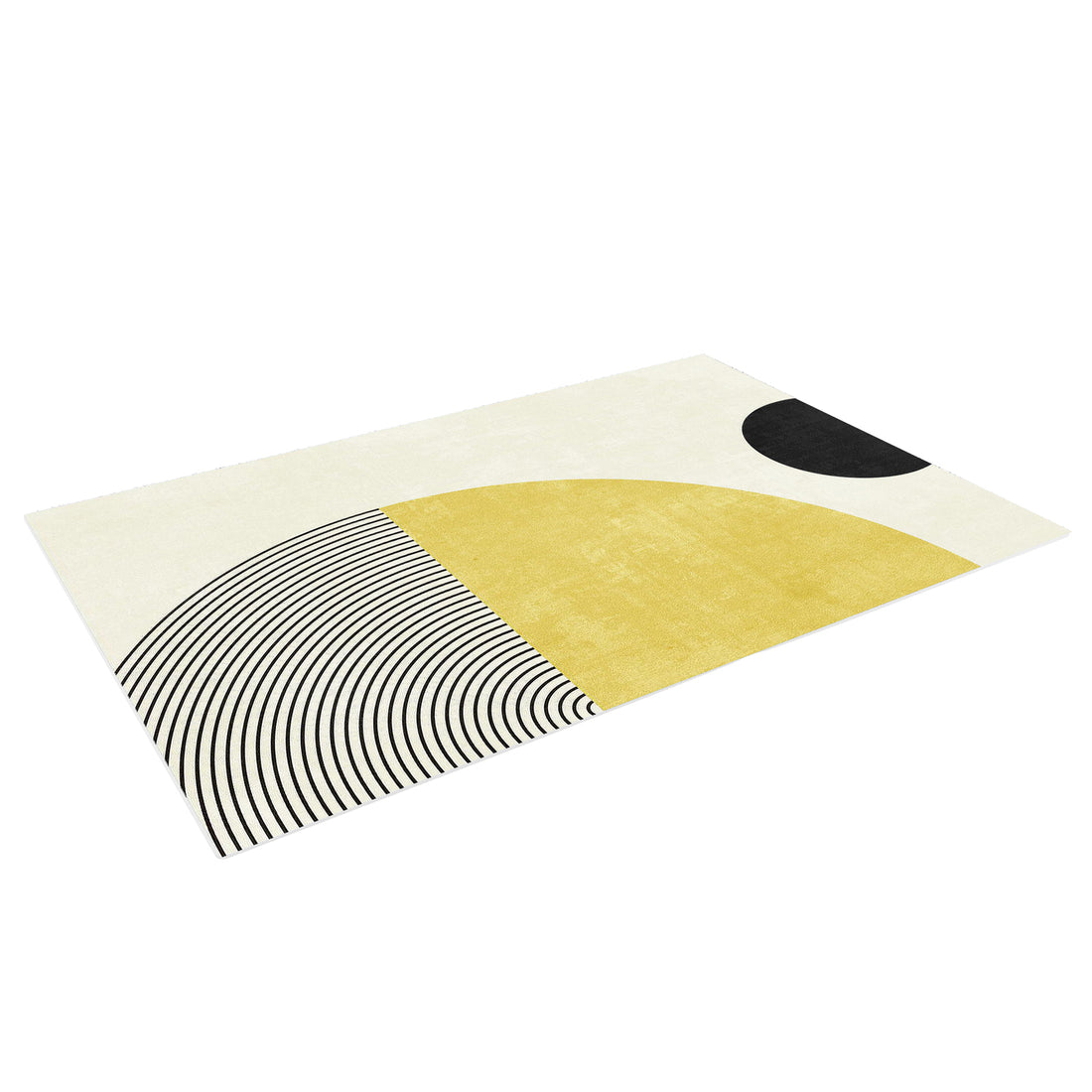 Axland Modern Abstract Rug 160x230cm features an off-white background with bold yellow and black geometric shapes, including semicircles and arcs, creating a strikingly modern and abstract design.