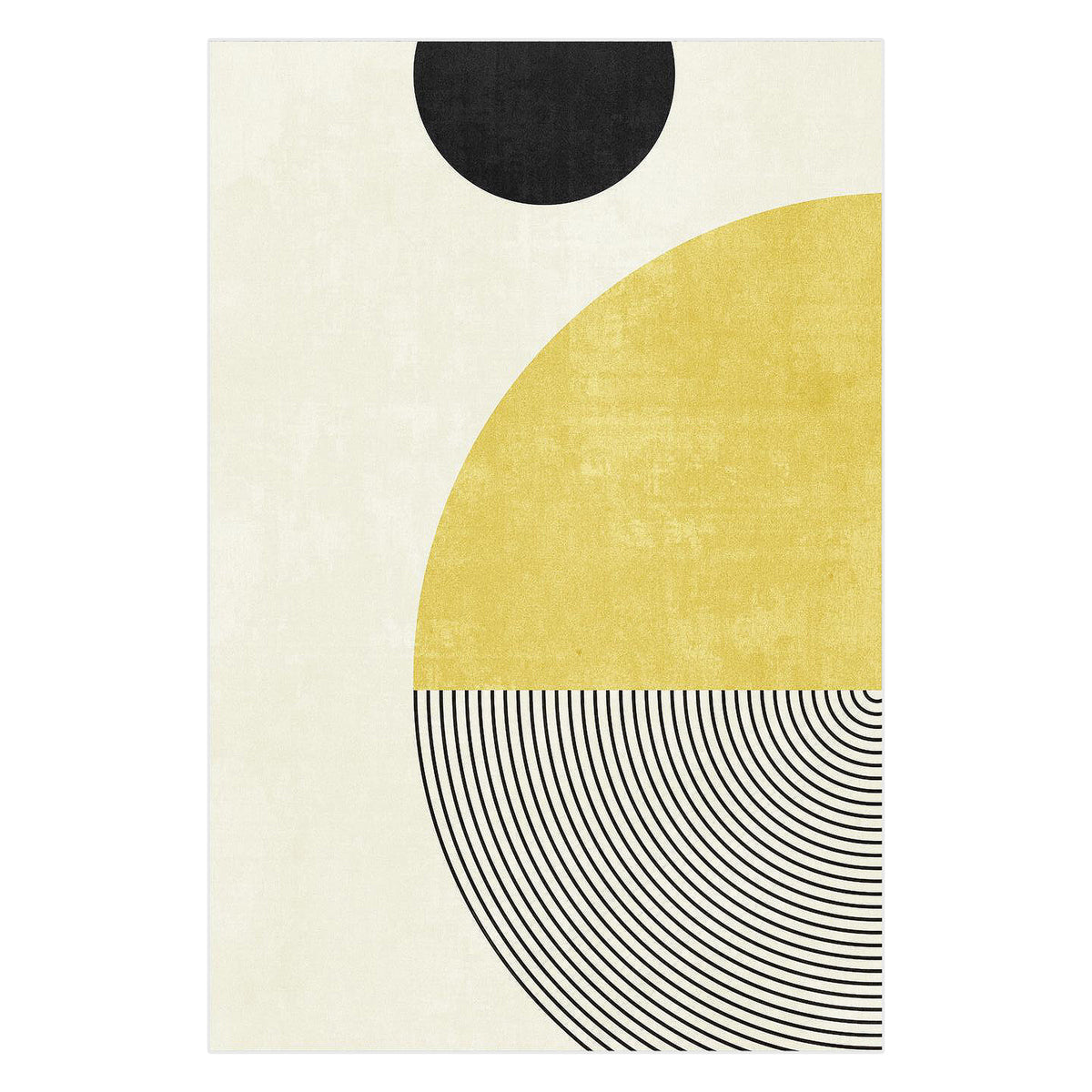 Axland Modern Abstract Floor Rug 200 x 300cm featuring bold geometric shapes: a black semicircle, mustard-yellow semicircle, and concentric arcs on a light background, offering a clean, modern aesthetic.