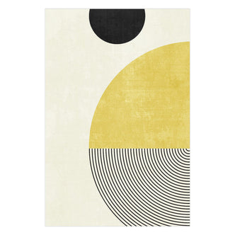 Axland Modern Abstract Floor Rug 200 x 300cm featuring bold geometric shapes: a black semicircle, mustard-yellow semicircle, and concentric arcs on a light background, offering a clean, modern aesthetic.