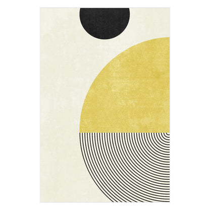 Axland Modern Abstract Floor Rug 200 x 300cm featuring bold geometric shapes: a black semicircle, mustard-yellow semicircle, and concentric arcs on a light background, offering a clean, modern aesthetic.