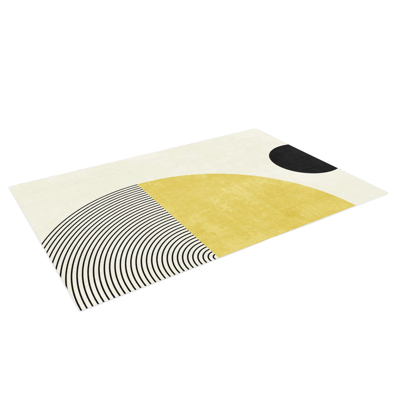 Axland Modern Abstract Floor Rug 200 x 300cm features a minimalist design with a large yellow semicircle, black striped arc-lines, and a small black semicircle on a light background.