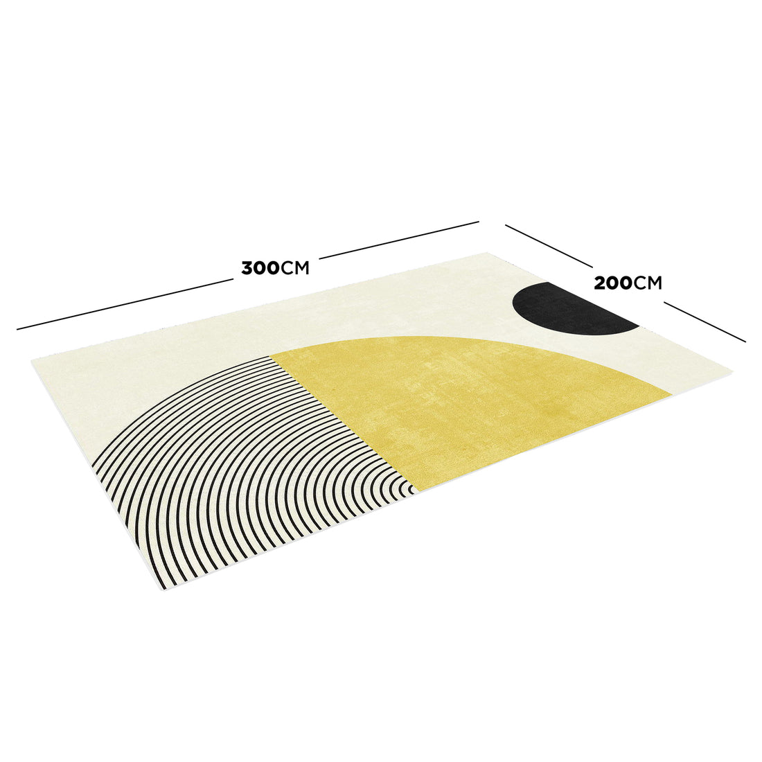 Axland Modern Abstract Floor Rug 200 x 300cm features a creamy off-white base with a bold yellow semicircle, black concentric arcs, and a solid black half-circle, embodying contemporary minimalism.