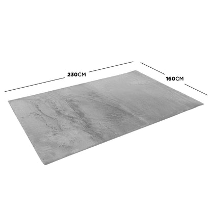 Azaliya 160x230cm Faux Rabbit Fur Floor Rug in Silver, featuring a light gray shag-style texture, shown with dimensions overlay. Ideal for adding a chic, luxurious touch to modern interiors.