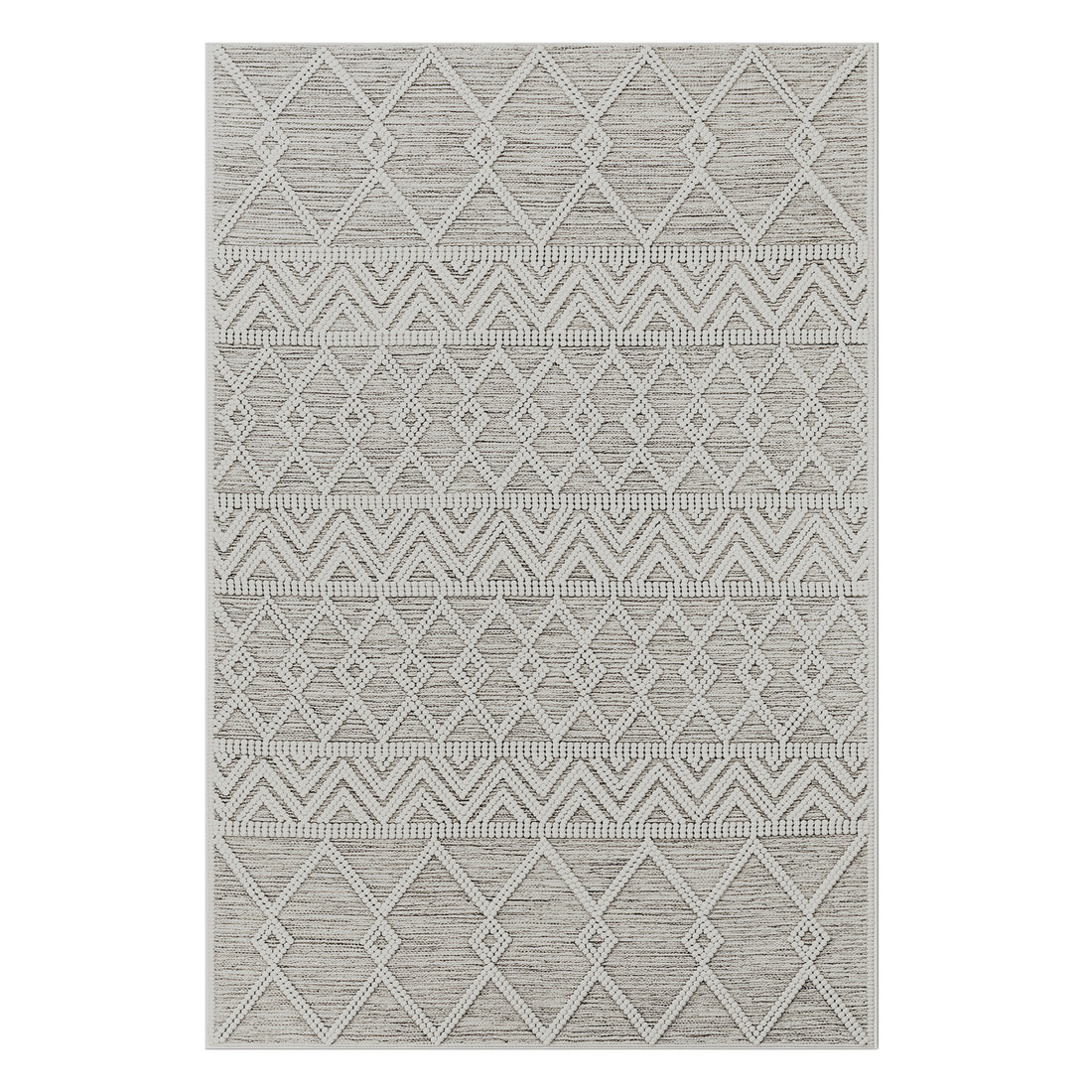 Benita 160x230cm Medium Soft Modern Printed Indoor Floor Rug, featuring neutral-tone textured pile with raised geometric diamond and zigzag patterns in off-white and light beige tones.